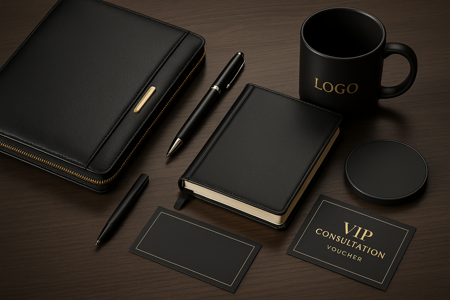 Ultimate executive kit: leather folio, smartpen, premium notebook, branded mug, wireless charger, and VIP consultation voucher.